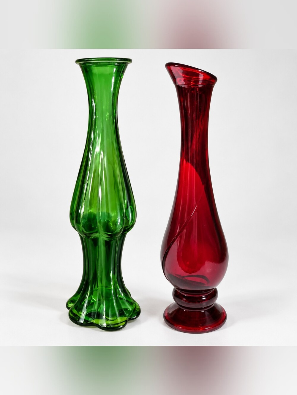 Vintage Red Green Glass Bud Vase Pair Christmas Holiday Decor Set of 2